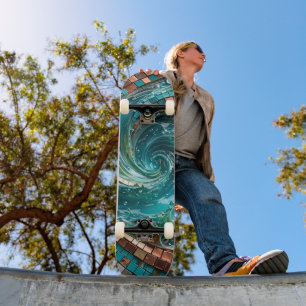 Turquoise Teal Mosaic Wave Skateboard