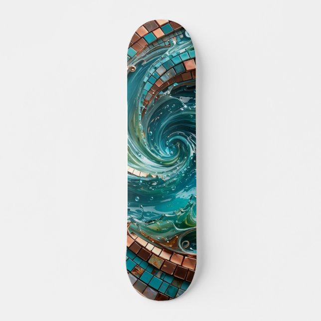 Turquoise Teal Mosaic Wave Skateboard (Front)