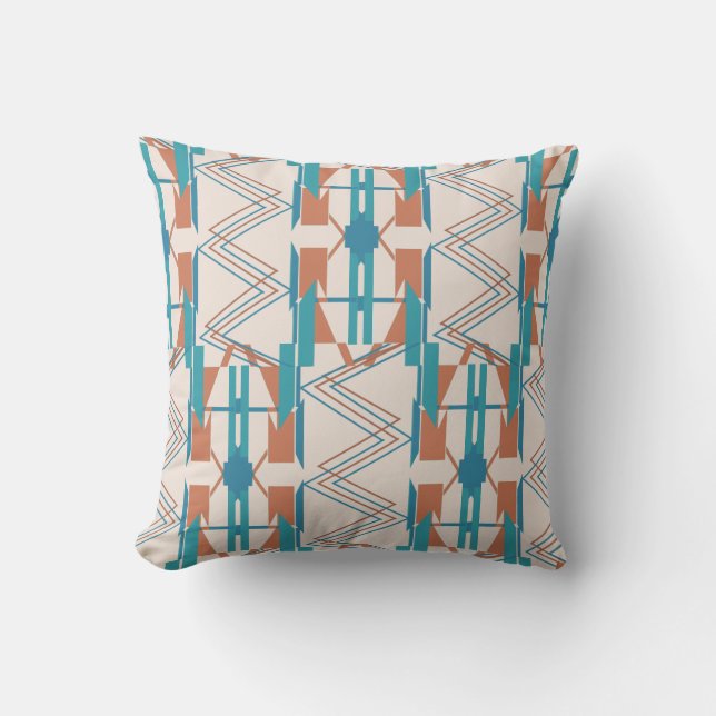 Turquoise Teal Orange Beige Large Zig-zag Mosaics  Cushion (Front)