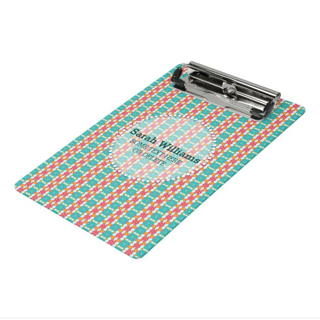 Turquoise Teal Orange Modern Aztec Custom Name Mini Clipboard (Angled3)
