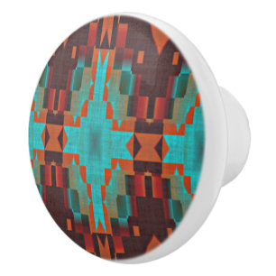 Turquoise Teal Orange Red Eclectic Ethnic Look Ceramic Knob