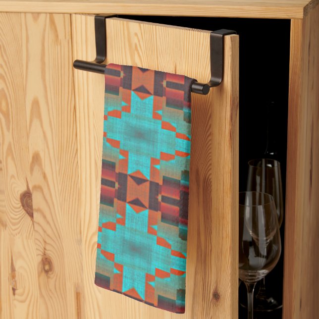 Turquoise Teal Orange Red Eclectic Ethnic Look Tea Towel (Thirds Fold)