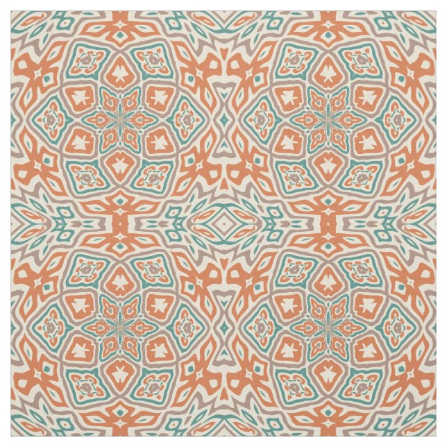 Turquoise Teal Orange Retro Nouveau Deco Pattern Fabric (Swatch)