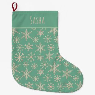 Turquoise Teal Snowflakes Personalized Christmas Large Christmas Stocking