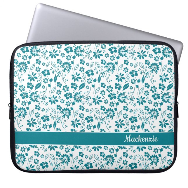 Turquoise Teal Tropical Flowers Monogram Laptop Sleeve (Front)