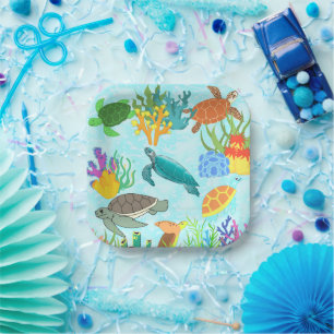 Turquoise Teal Undersea Sea Turtles Ocean Corals Paper Plate