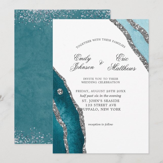 Turquoise Teal Watercolor Agate Wedding Invitation (Front/Back)