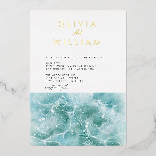 Turquoise Teal Waves Beach Wedding Foil Invitation (Front)