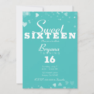 Turquoise Teal & White Hearts Chic Sweet 16 Party  Invitation