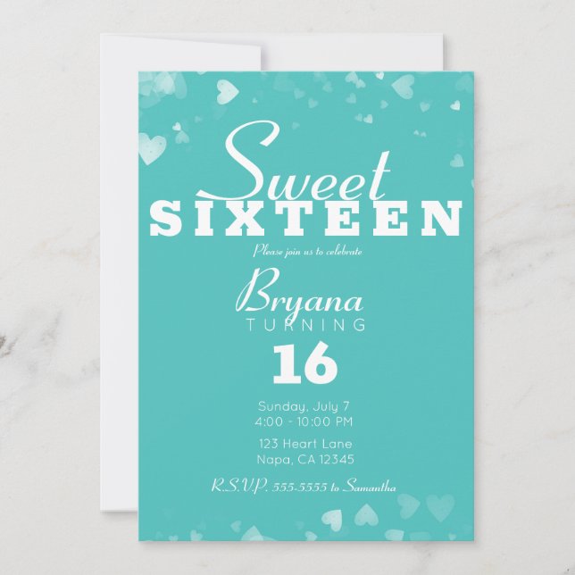 Turquoise Teal & White Hearts Chic Sweet 16 Party  Invitation (Front)