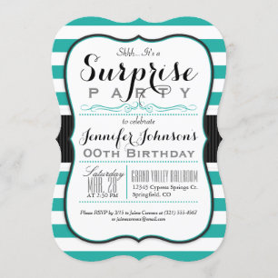 Turquoise, Teal & White Stripes Surprise Party Invitation