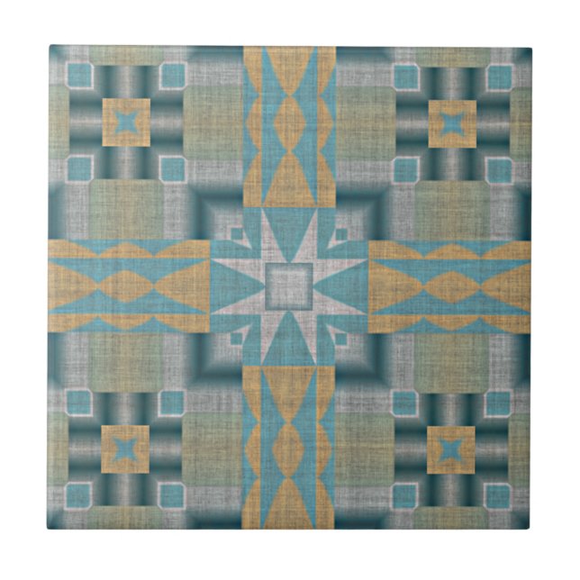 Turquoise Teal Yellow Orange Eclectic Ethnic Look Ceramic Tile (Front)