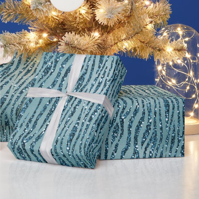 Turquoise Teal Zebra Print Glitter Wrapping Paper (Holidays)