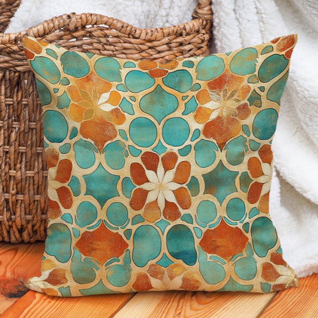 Turquoise Terracotta Moroccan Tile Boho Earth Tone Cushion (Turquoise Terracotta Moroccan Tile Boho Earth Tone Throw Pillow)