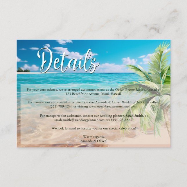 Turquoise Tides Tropical Beach Wedding Details Enclosure Card (Front)