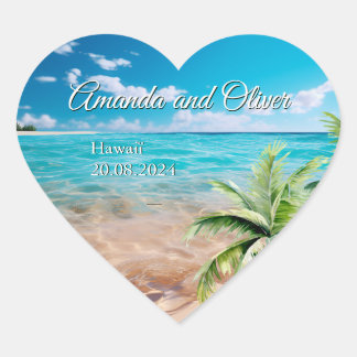 Turquoise Tides Tropical Palm Tree Beach Wedding  Heart Sticker