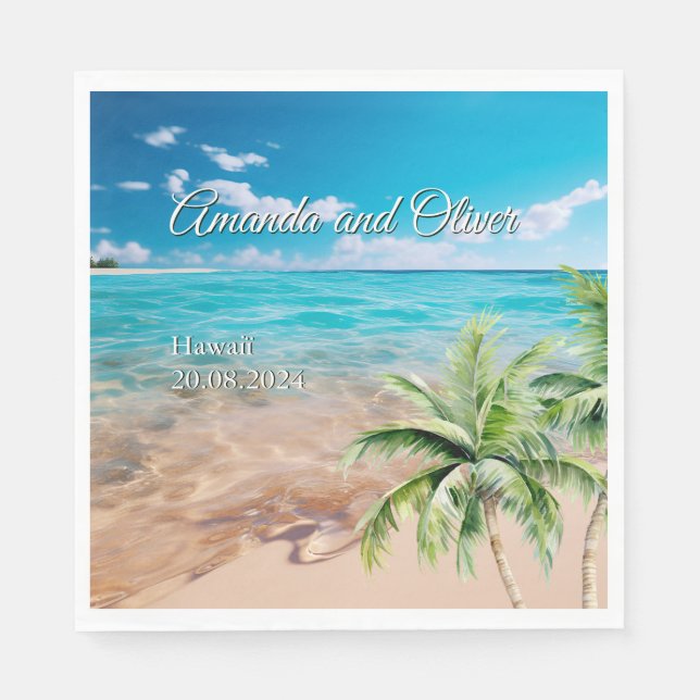 Turquoise Tides Tropical Palm Tree Beach Wedding  Napkin (Front)