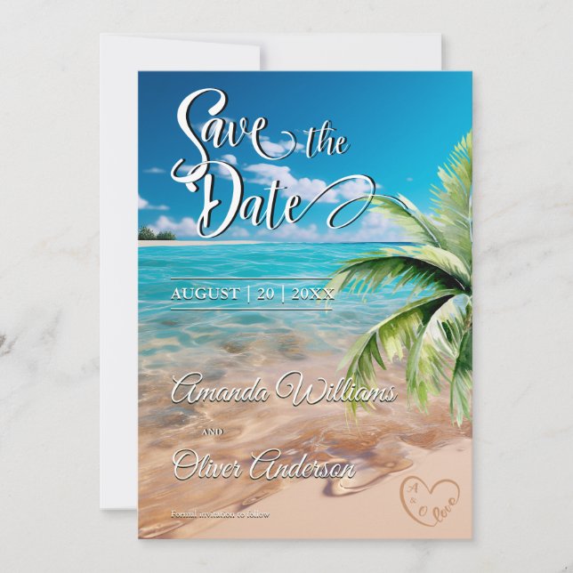 Turquoise Tides Tropical Palm Tree Beach Wedding Save The Date (Front)