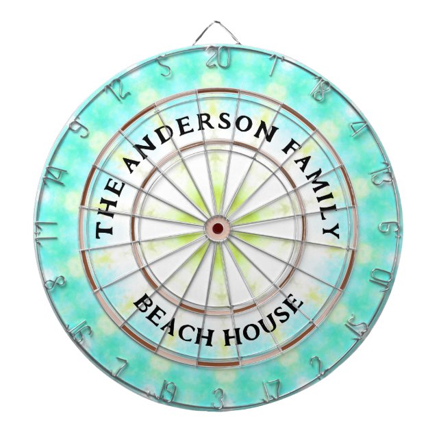 Turquoise Tie Dye Beach House Family Name Dartboard (Front)