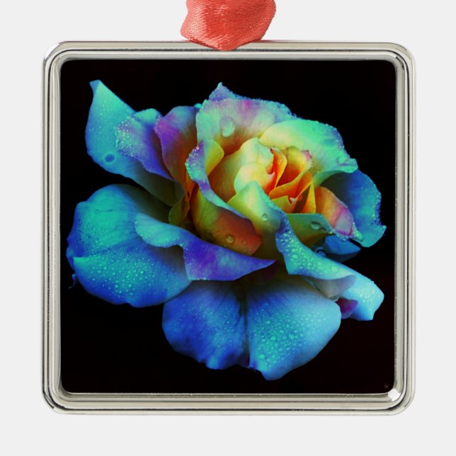 Turquoise Tie Dyed Rose Metal Ornament (Front)