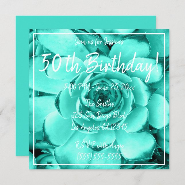 Turquoise Tinted Succulent Photo 50th Birthday Invitation (Front/Back)