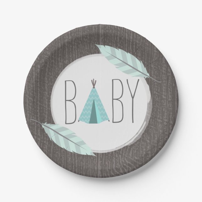 Turquoise Tipi Baby Shower - Wood Inspired Paper Plate (Front)