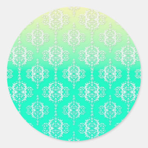 Turquoise to Yellow Damask Pattern Classic Round Sticker