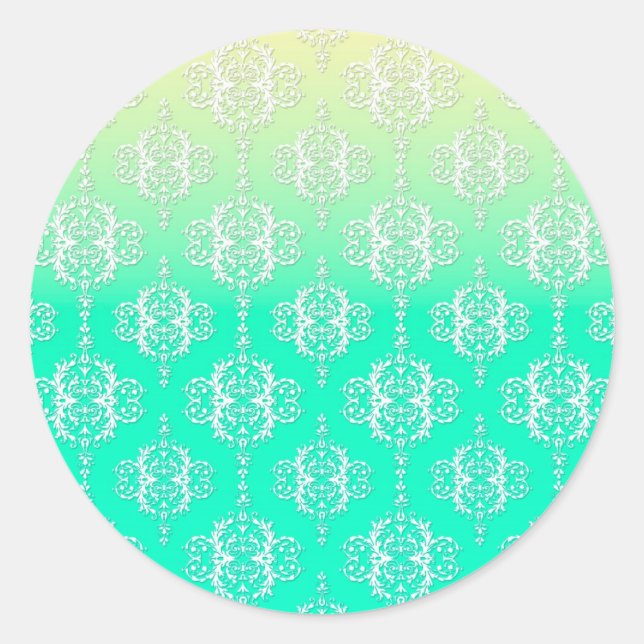 Turquoise to Yellow Damask Pattern Classic Round Sticker (Front)