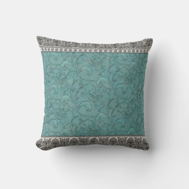 Turquoise Trimmed in Grey by JoMazArt Cushion (Front)