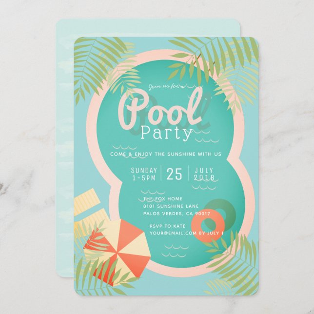 Turquoise Tropical Adult Pool Party Invitation (Front/Back)