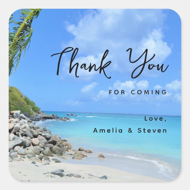 Turquoise Tropical Beach Wedding Thank You Square Sticker (Front)