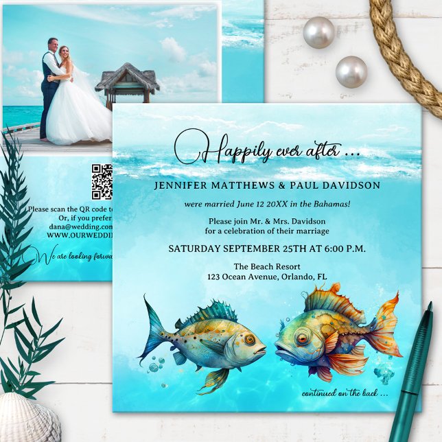 Turquoise Tropical Fish Happily Ever After Wedding Invitation (Creator Uploaded)