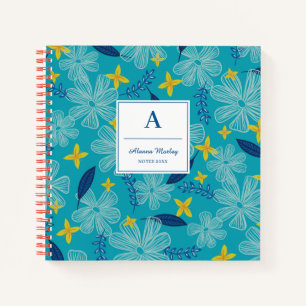 Turquoise Tropical Floral Pattern - Monogram Notebook