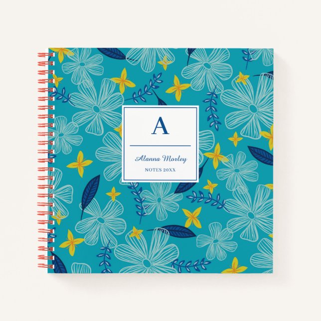 Turquoise Tropical Floral Pattern - Monogram Notebook (Front)