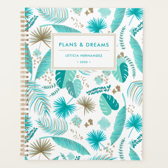 Turquoise Tropical Leaves Pattern Personalised Planner (Front)