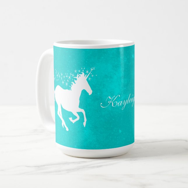 Turquoise Unicorn Personalised Coffee Mug (Front Left)