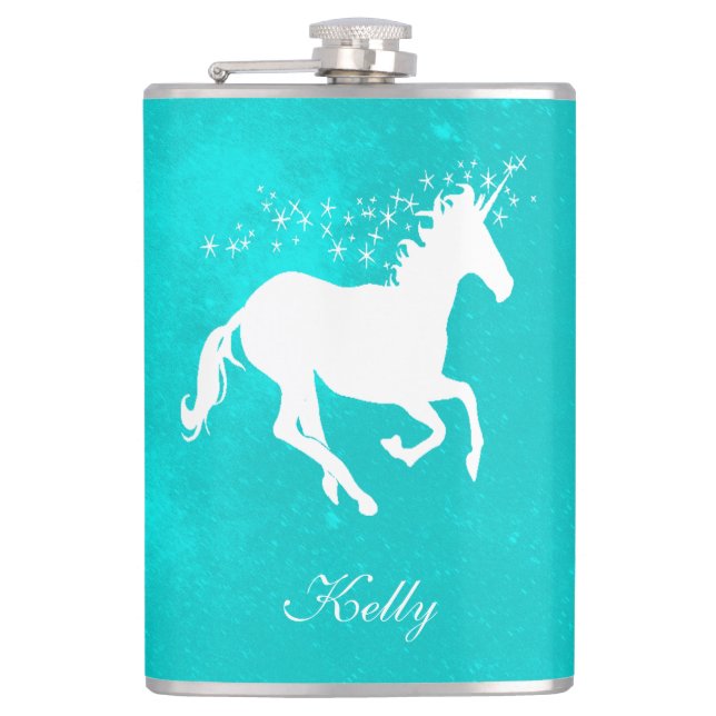 Turquoise Unicorn Personalised Flask (Front)