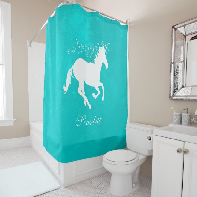 Turquoise Unicorn Personalised Shower Curtain (In Situ)