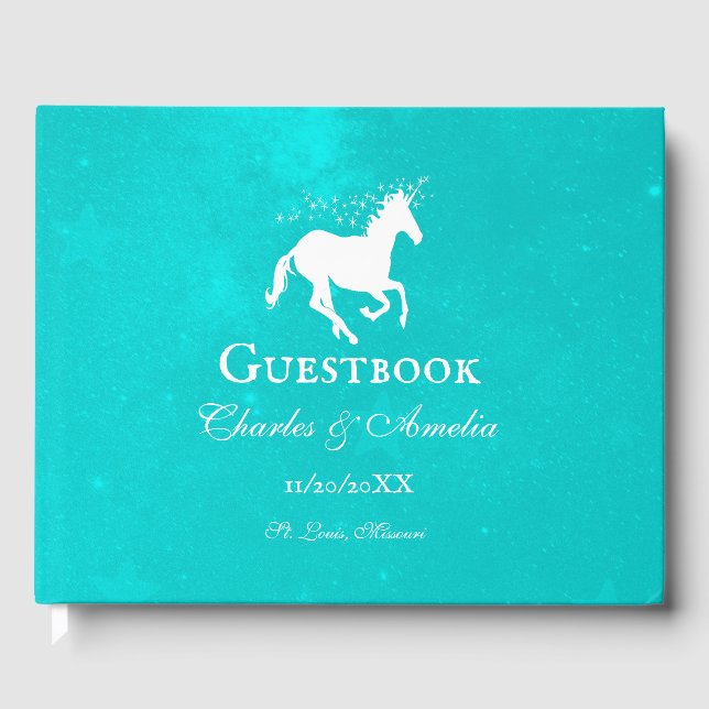 Turquoise Unicorn Wedding Guestbook (Front)