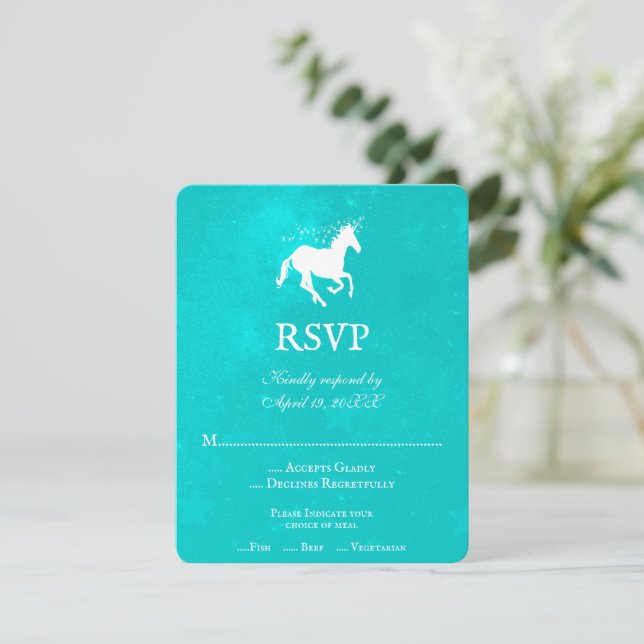Turquoise Unicorn Wedding RSVP Card (Standing Front)