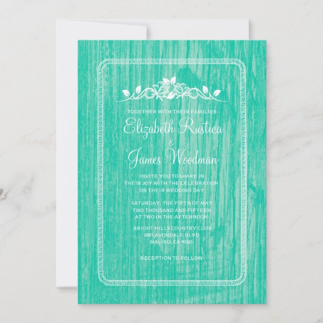 Turquoise Vintage Barn Wood Wedding Invitations (Front)