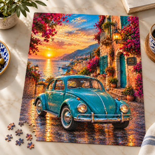 Turquoise Vintage Beetle Mediterranean Sunset Jigsaw Puzzle