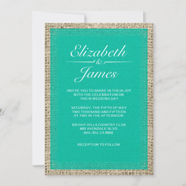 Turquoise Vintage Burlap Wedding Invitations (Front)