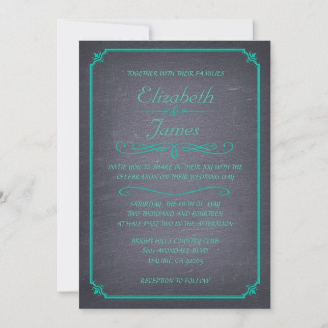 Turquoise Vintage Chalkboard Wedding Invitations (Front)