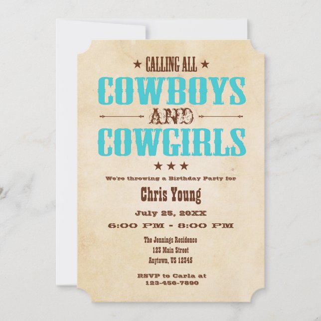 Turquoise Vintage Cowboy Birthday Invitation (Front)