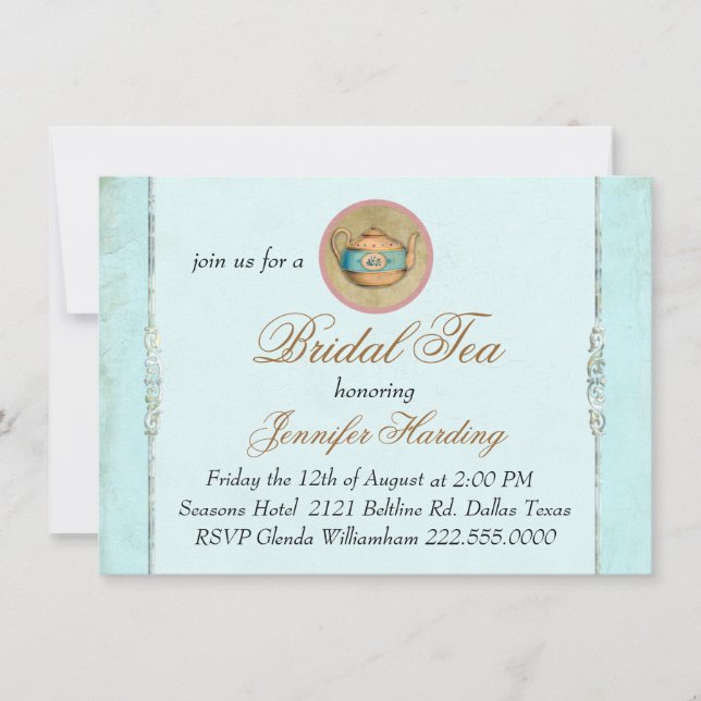 Turquoise Vintage Shabby Bridal Tea Party Invitation (Front)