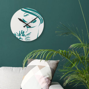 Turquoise Vintage Woman Face Round Clock
