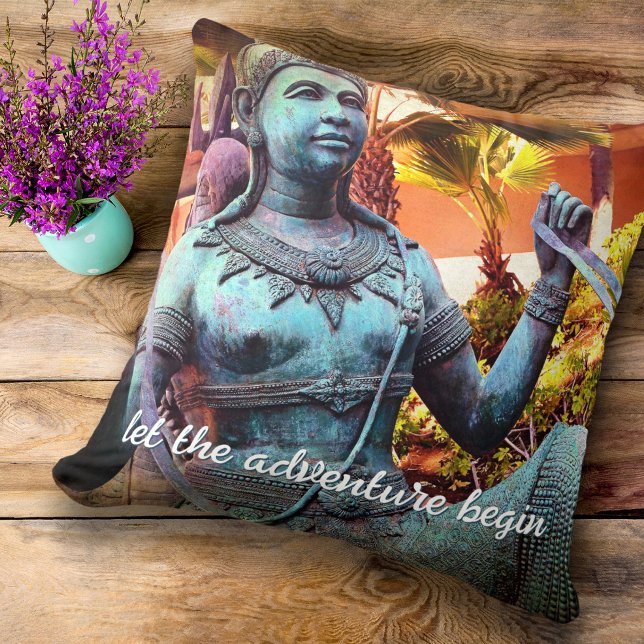 Turquoise Warrior Statue Photo Let Adventure Begin Cushion (Creator Uploaded)