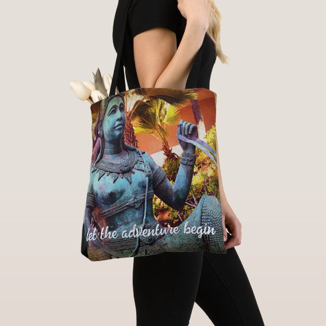 Turquoise Warrior Statue Photo Let Adventure Begin Tote Bag (Close Up)