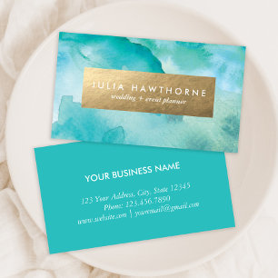 Turquoise Watercolor and Gold Faux Foil Business Card